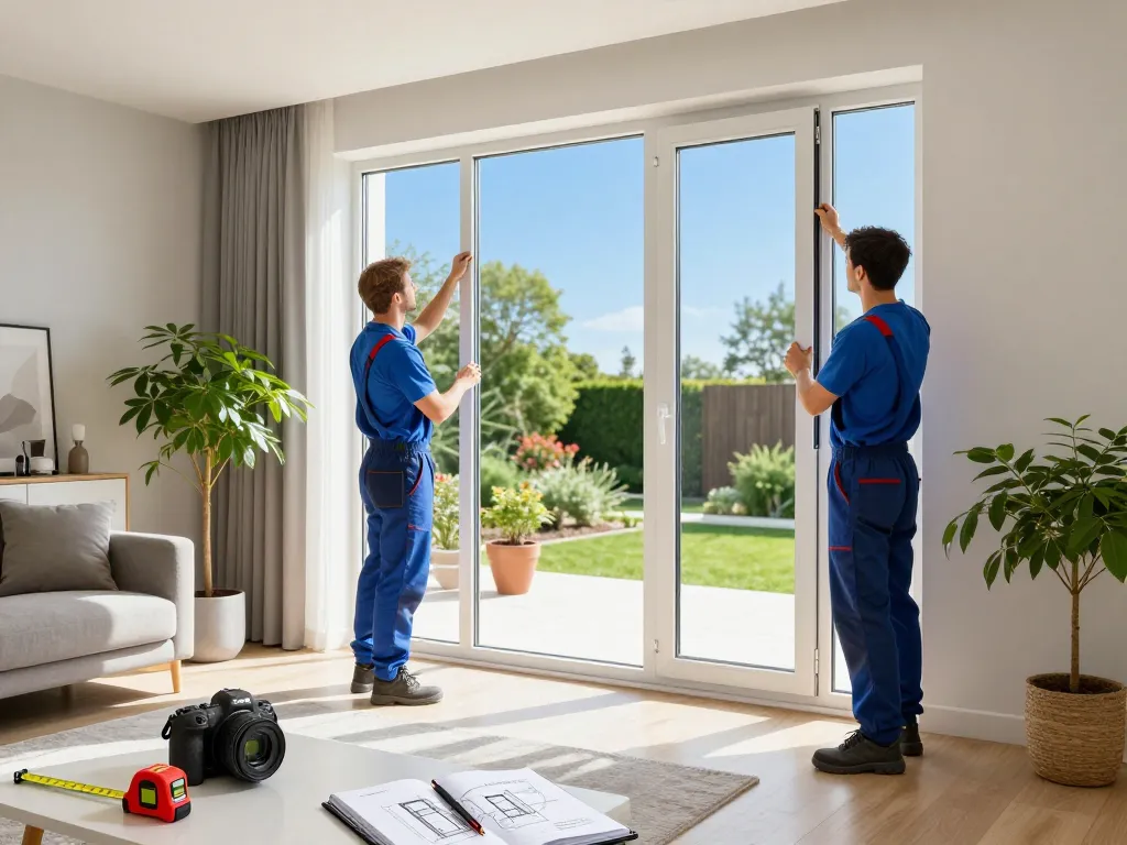 Installation von Fenster Schüco Aluminiumfenstern in einem hellen, modernen Wohnraum während der Renovierung des Hauses.