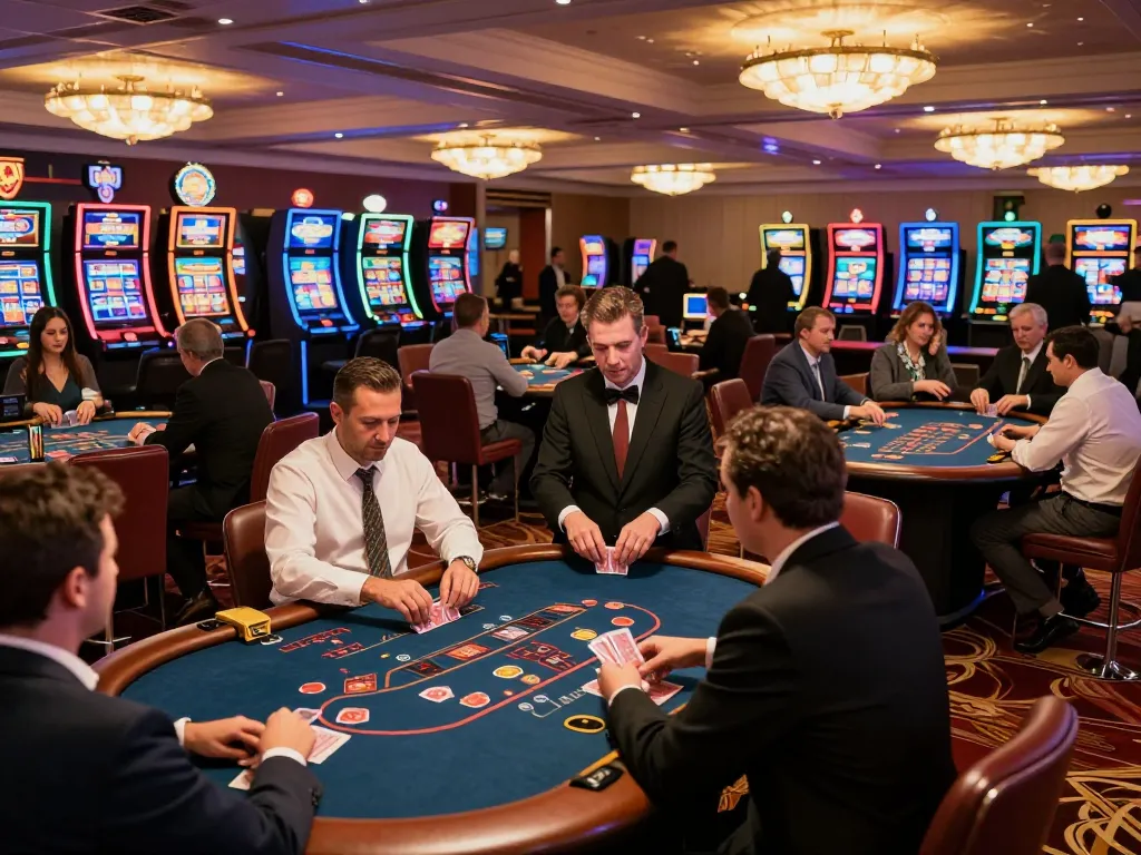 Engaged players at Trang chủ F168 blackjack and poker tables in an upscale casino setting