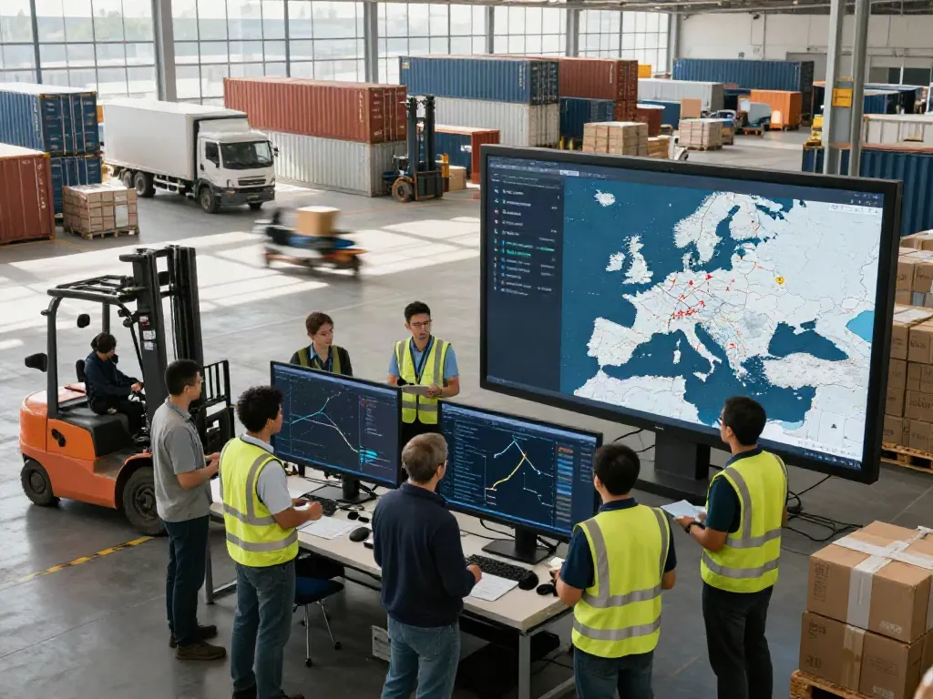 Transportfirma in Stuttgart koordiniert internationale Transporte in einem logistischen Zentrum.