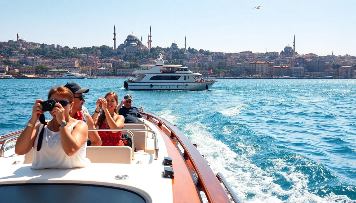 Bosphorus daytime cruise with joyful tourists enjoying the scenic views of Istanbul.