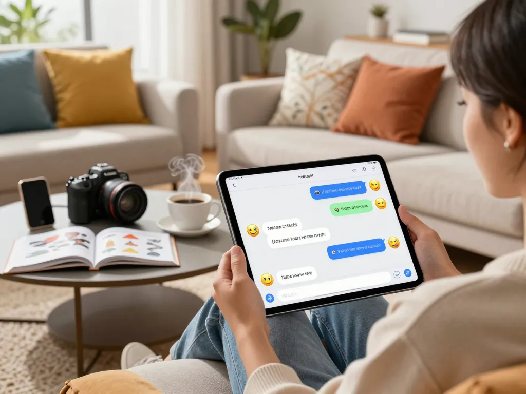 User engaging with a nsfw chat bot on a tablet in cozy living room during a playful conversation.