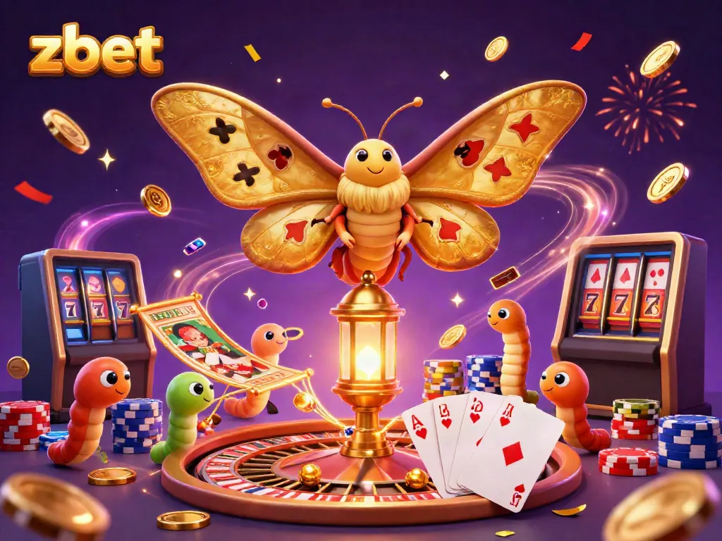 Engage with zbet's thrilling casino experience featuring an enchanting moth atop a lantern, surrounded by vibrant gaming elements.