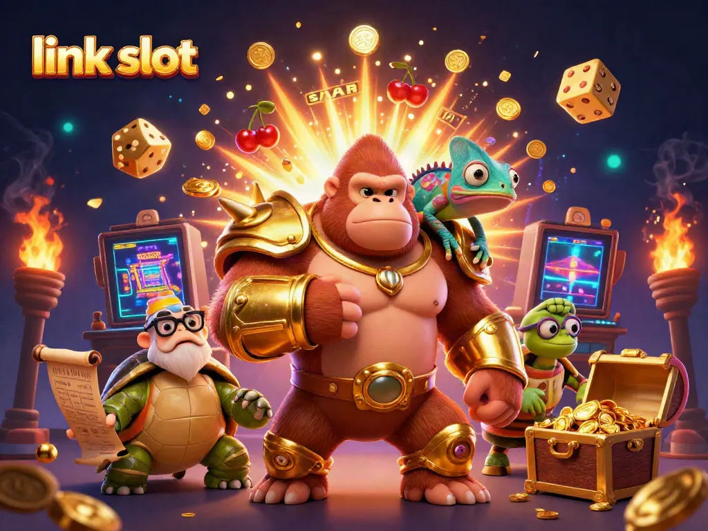 Unleash the thrill with link slot's vibrant jackpot scene featuring a gorilla king!