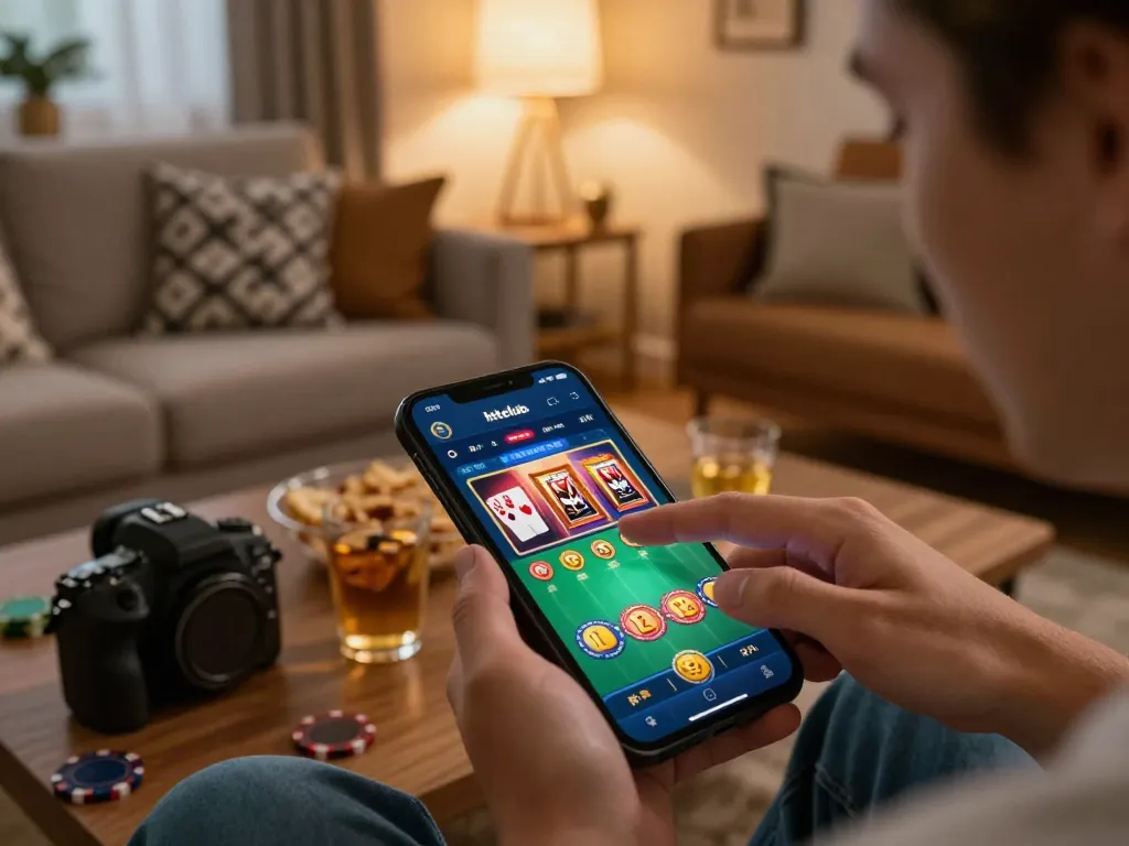 Engaging player using the hitclub app on their smartphone in a cozy home gaming setup