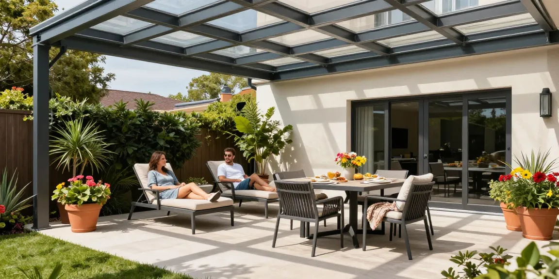 Moderne Terrassenüberdachungen in einem stilvollen Garten mit Pflanzen und gemütlichen Sitzgelegenheiten.