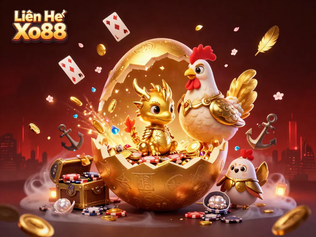 Engage with Liên Hệ Xo88 through our vibrant 3D casino illustration showcasing a golden dragon, poker chips, and playful game elements.