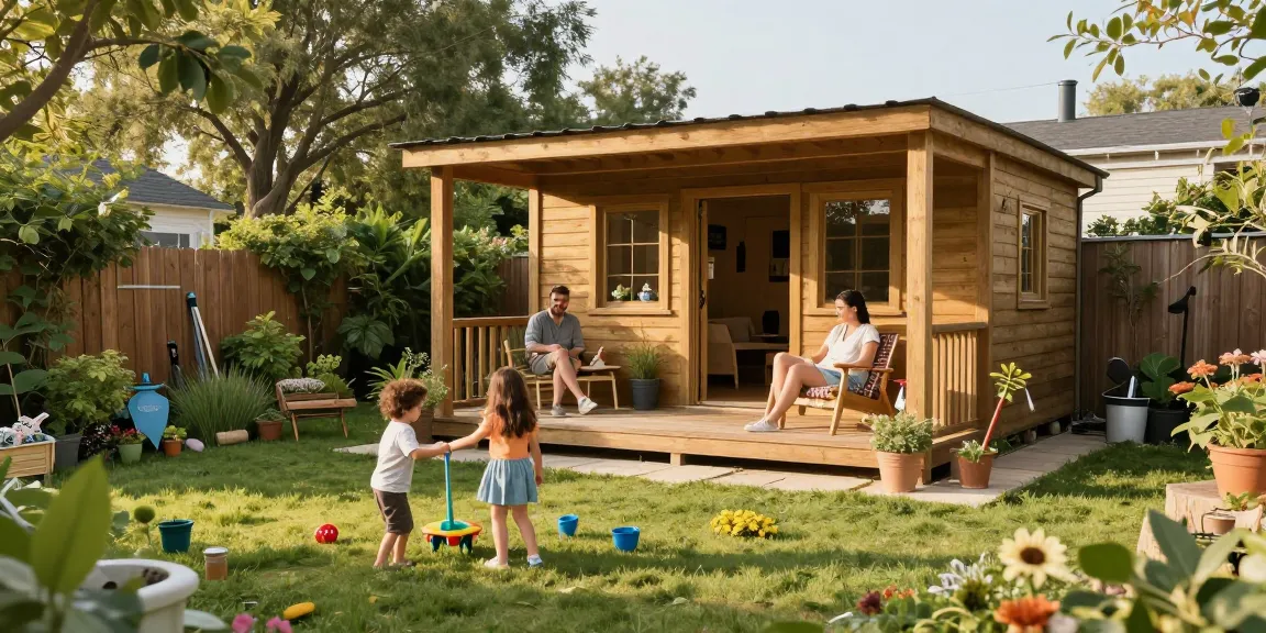 Familie, die ein Gartenhaus kauft und im Freien entspannt, mit Spielfreude im Garten.