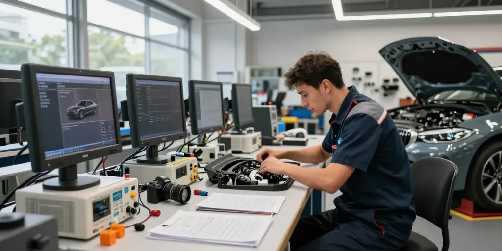 Professionelles Arbeiten in der bmw werkstatt hannover mit einem Techniker, der einen Motor inspiziert und hochwertige Werkzeuge verwendet.