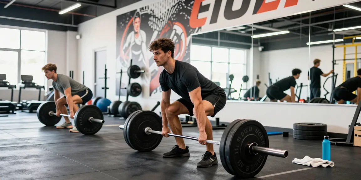 Aktiver Athlet im Selliza Shop, der mit Gewichten im Fitnessstudio trainiert.