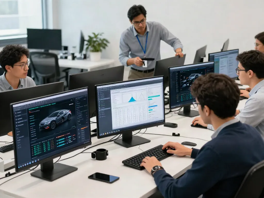Kfz Sachverständiger Oberhausen: moderne Arbeitsumgebung mit Fahrzeugtechnik-Experten, innovativen Tools und dynamischer Teamarbeit.