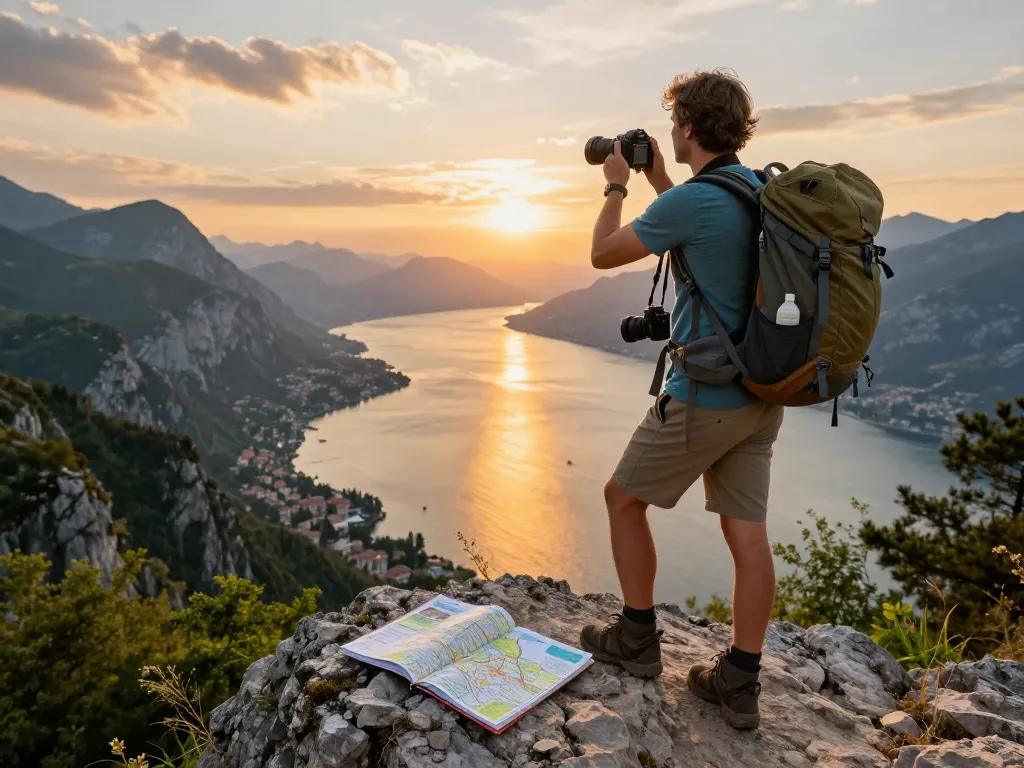 Gardasee Reisetipps: Reisender am Gardasee genießt den Sonnenuntergang mit Rucksack und Karte.