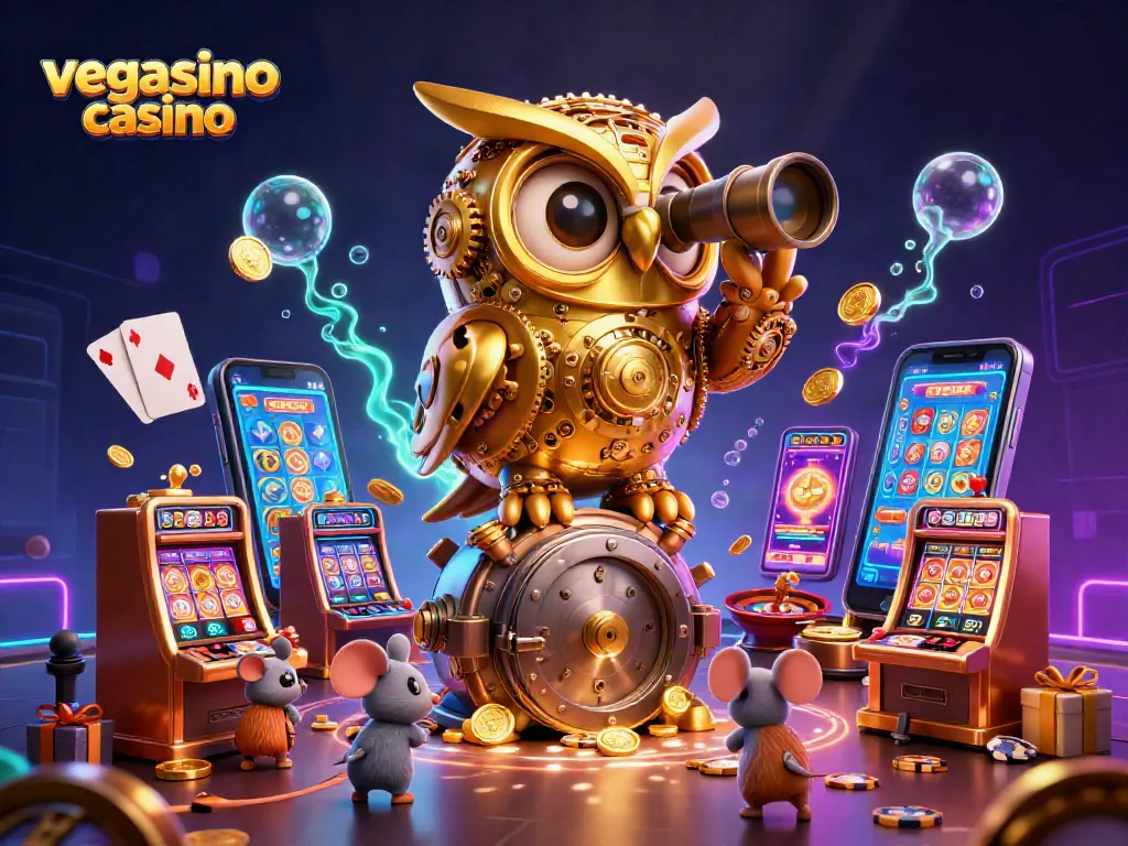 Experience thrilling gameplay at vegasino casino with a golden owl overseeing vibrant slot machines.