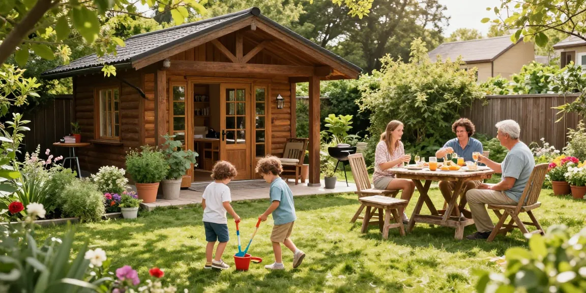 Gartenhaus im Familiengarten, Kinder spielen, Erwachsene entspannen.