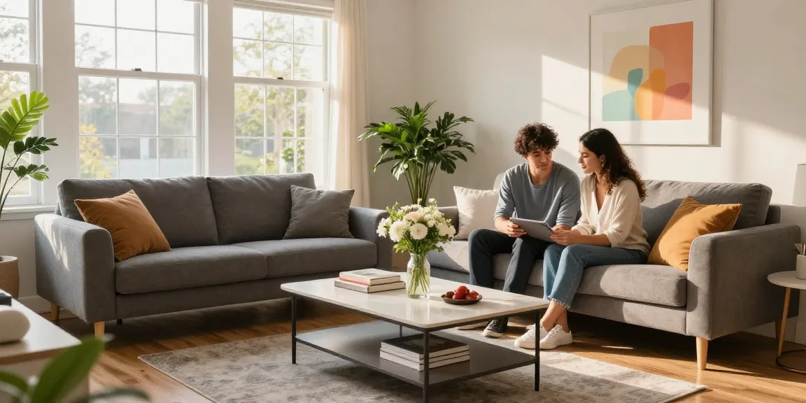 Moderner Wohnzimmer-Szene, in der ein Paar stilvolle Möbeloptionen für ihr Zuhause erkundet, die die Leichtigkeit des Möbel Direkt Bestellens betont.