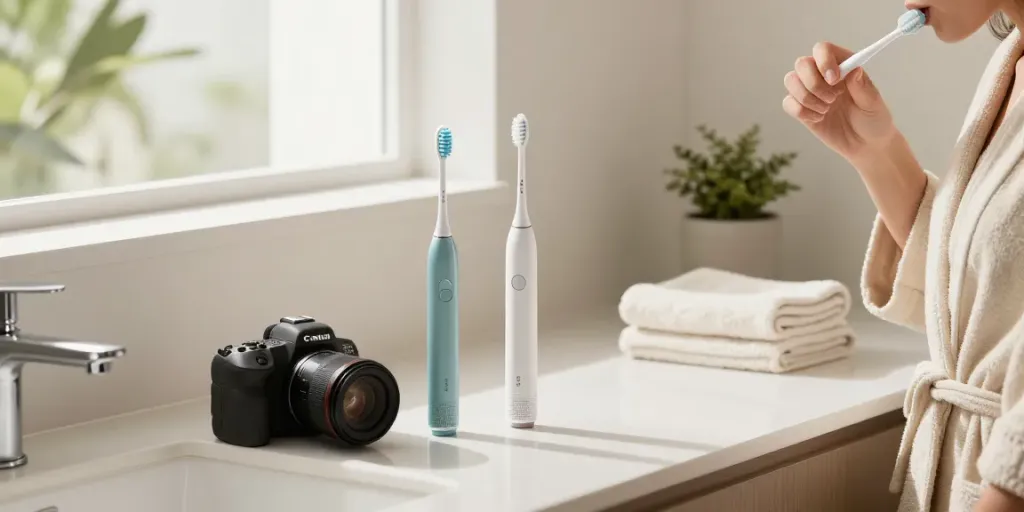 Moderne Badezimmeransicht mit Laifen de Produkten für persönliche Pflege, Zahnbürste und Haartrockner im Fokus.