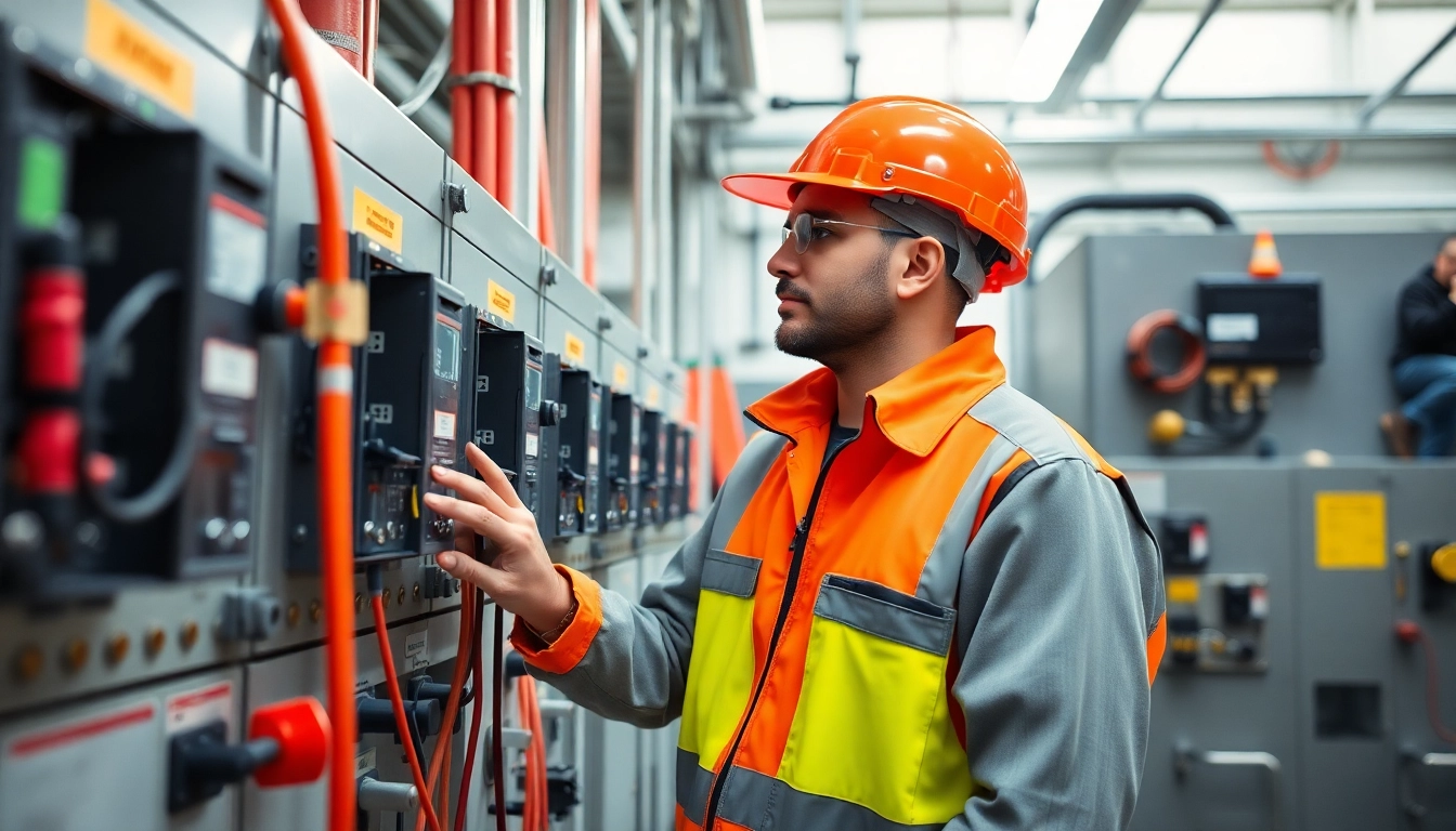 Technician performing a DGUV V3 Prüfung on electrical equipment in an industrial workspace.