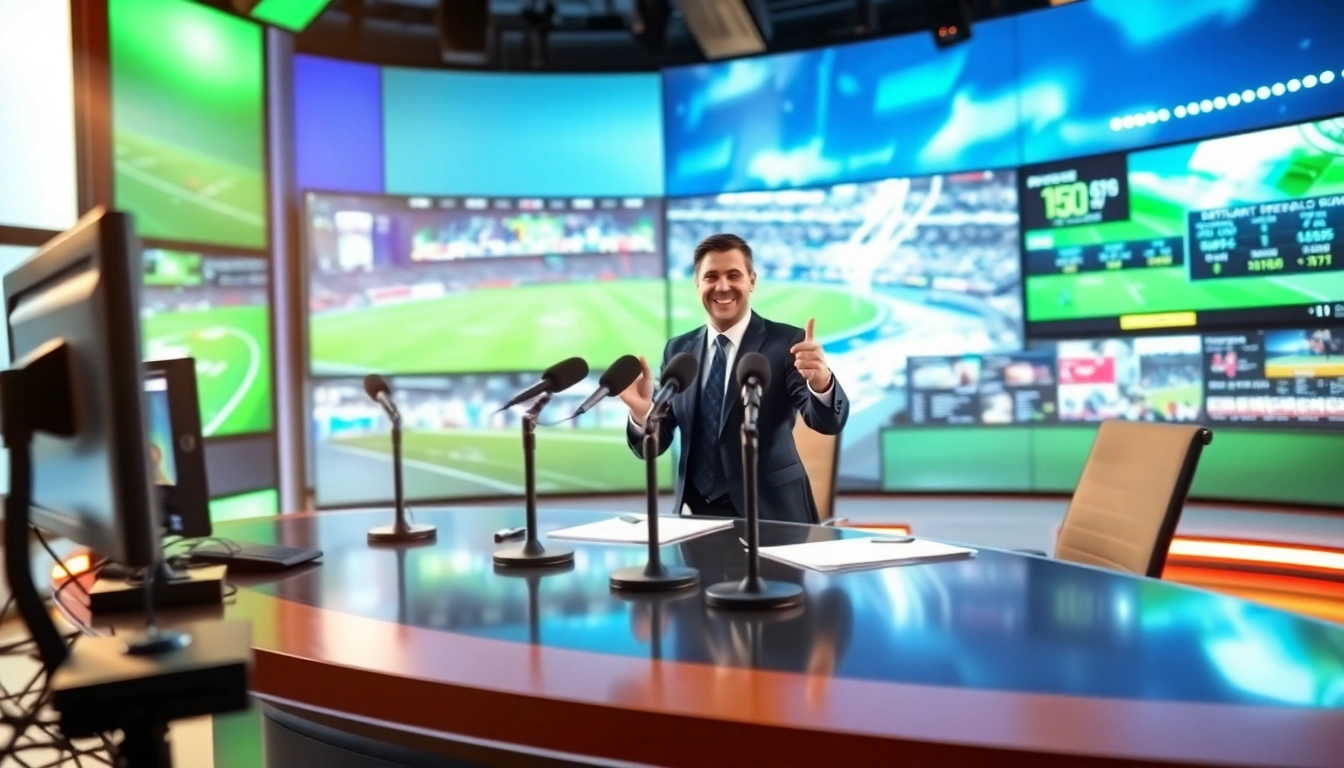 Engaging sports broadcasting scene featuring a host in a professional studio.