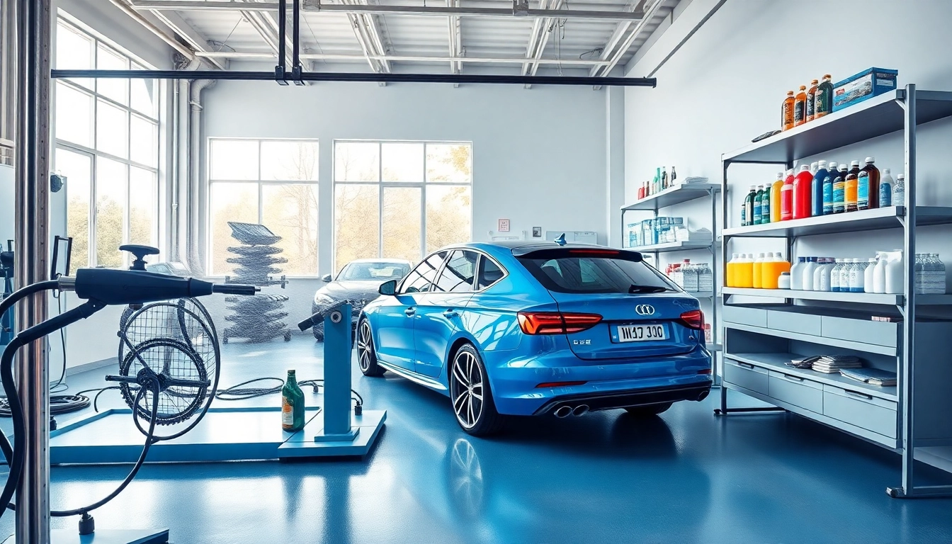 Autopflege Shop mit hochwertiger Autopflege-Ausrüstung in einem hellen Garagenumfeld.