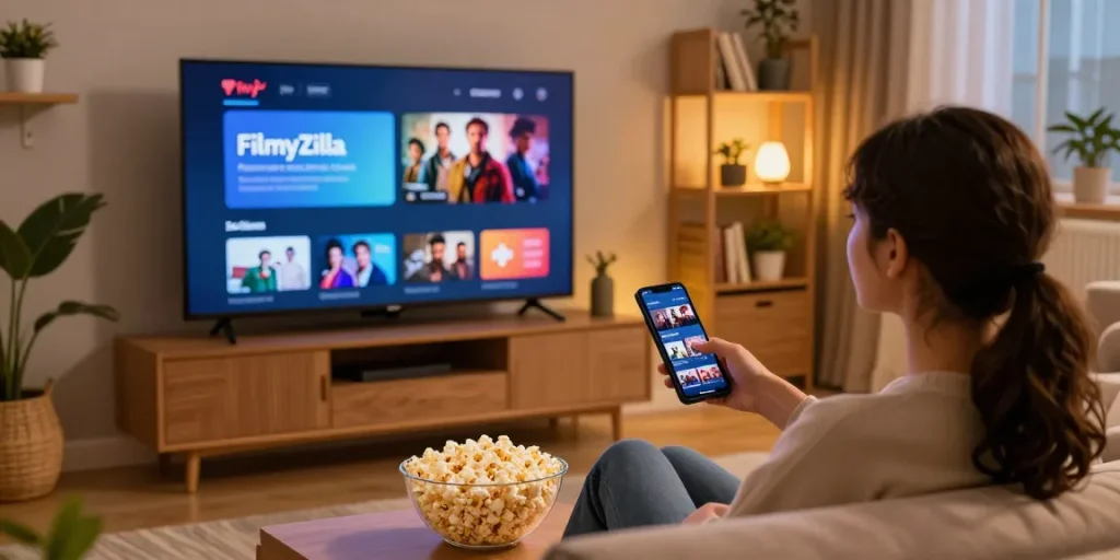 Enjoying FilmyZilla streaming movies at home with cozy ambiance.