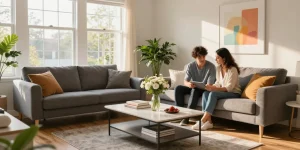 Moderner Wohnzimmer-Szene, in der ein Paar stilvolle Möbeloptionen für ihr Zuhause erkundet, die die Leichtigkeit des Möbel Direkt Bestellens betont.