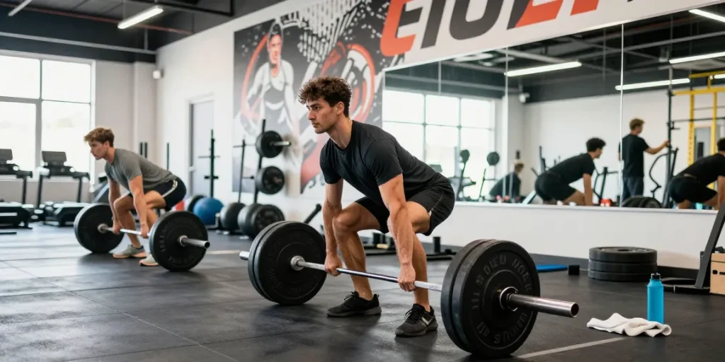 Aktiver Athlet im Selliza Shop, der mit Gewichten im Fitnessstudio trainiert.