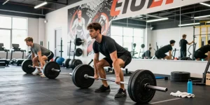 Aktiver Athlet im Selliza Shop, der mit Gewichten im Fitnessstudio trainiert.