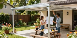 Installation einer freistehenden Terrassenüberdachung mit einem Paar im Garten, umgeben von Blumen und grünen Pflanzen.