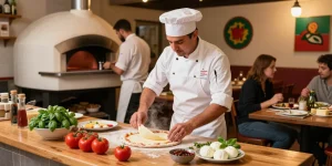 Chef making authentic Italian pizza at Pizzeria Madera, showcasing pg soft ingredients and vibrant kitchen atmosphere.
