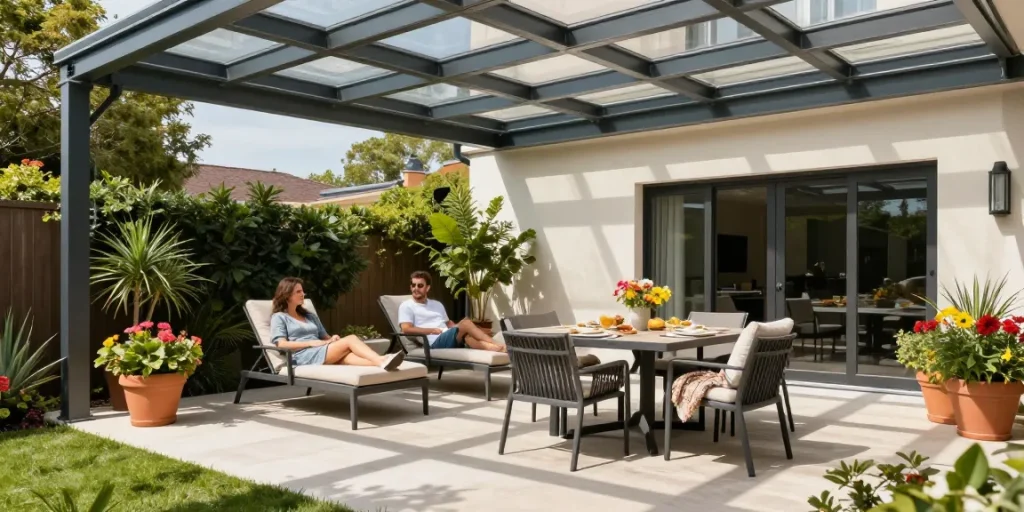 Moderne Terrassenüberdachungen in einem stilvollen Garten mit Pflanzen und gemütlichen Sitzgelegenheiten.