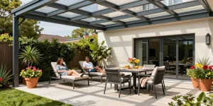 Moderne Terrassenüberdachungen in einem stilvollen Garten mit Pflanzen und gemütlichen Sitzgelegenheiten.