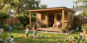 Familie, die ein Gartenhaus kauft und im Freien entspannt, mit Spielfreude im Garten.