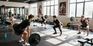 Anabolika Shop Deutschland: Aktive Bodybuilder im Fitnessstudio bei Gewichtsübungen, umgeben von modernem Equipment.