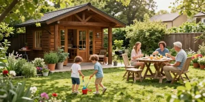 Gartenhaus im Familiengarten, Kinder spielen, Erwachsene entspannen.
