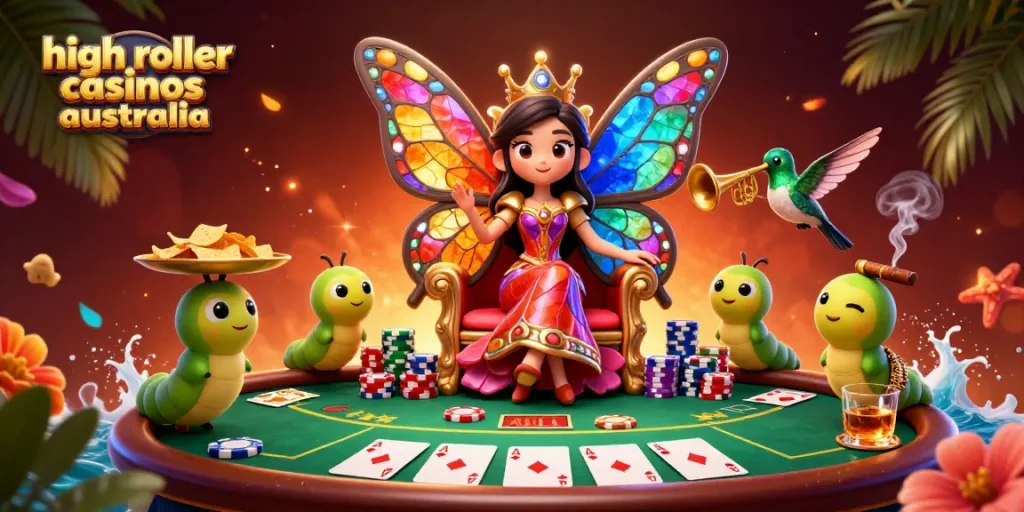 Experience the thrill at high roller casinos Australia with vibrant poker elements and royal flair.
